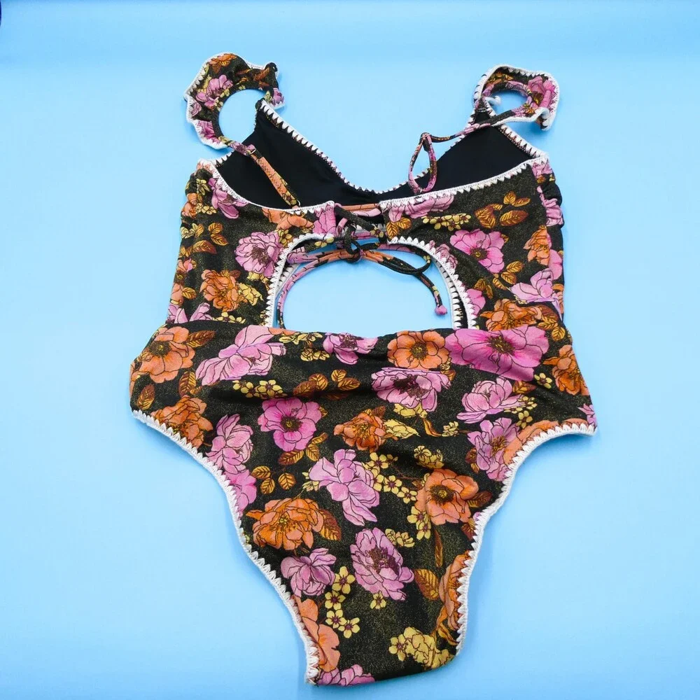 Victorias Secret Medium Black Shimmer Floral Cutout‎ Lace One Piece Swimsuit New